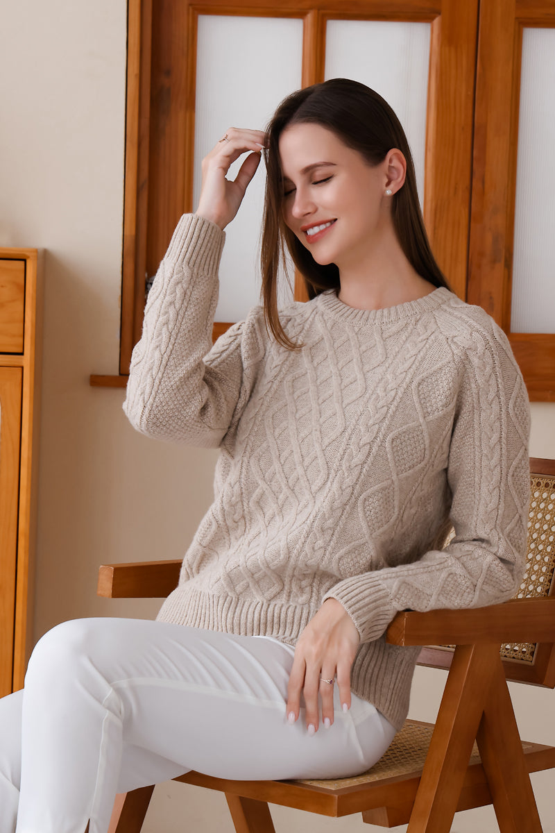 Luxury Ladies Aran Cable Sweater by Inis Aran#color_linen