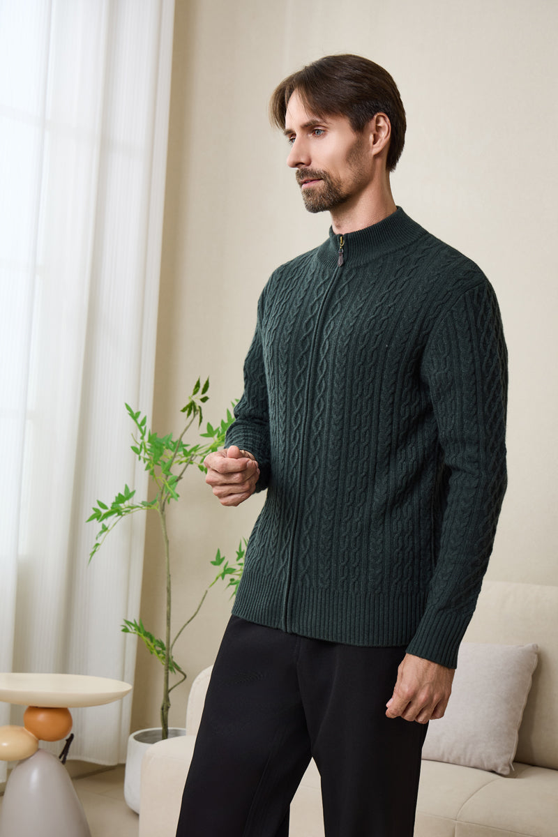 Inismaan Aran Zip Cardigan with Cashmere#color_dark-green