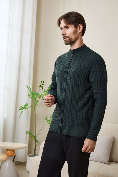 Inismaan Aran Zip Cardigan with Cashmere#color_dark-green
