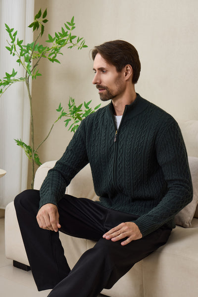 Inismaan Aran Zip Cardigan with Cashmere#color_dark-green