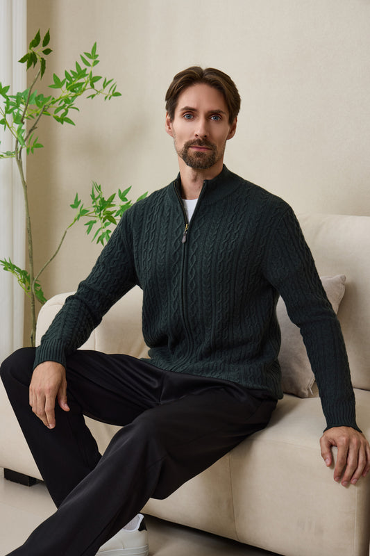 Inismaan Aran Zip Cardigan with Cashmere#color_dark-green