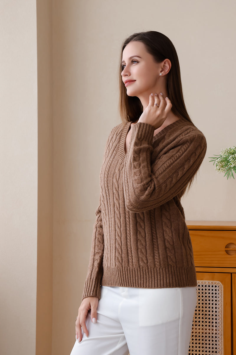 Luxury Merino Wool Aran V Neck Cable Knit Sweater by Inis Aran#color_praline
