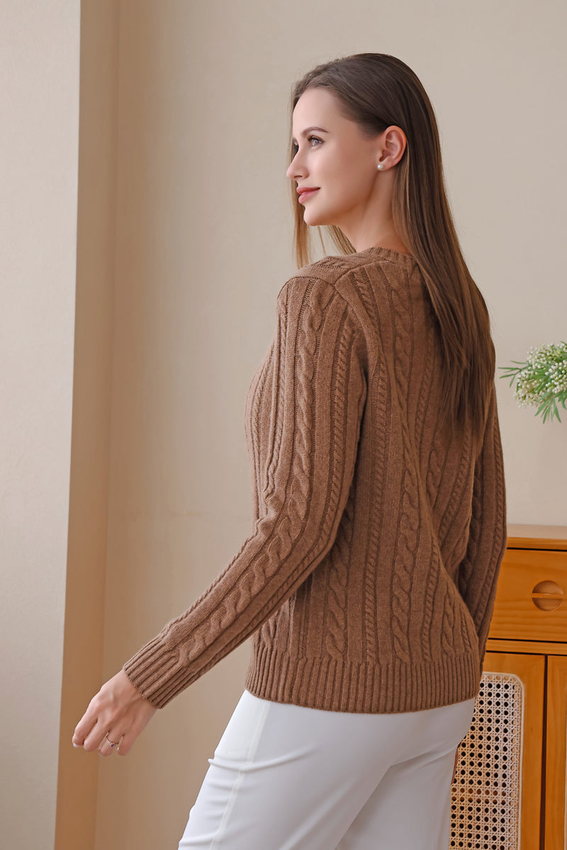 Luxury Merino Wool Aran V Neck Cable Knit Sweater by Inis Aran#color_praline