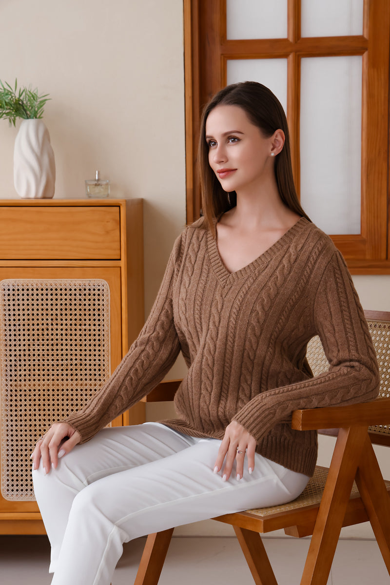 Luxury Merino Wool Aran V Neck Cable Knit Sweater by Inis Aran#color_praline