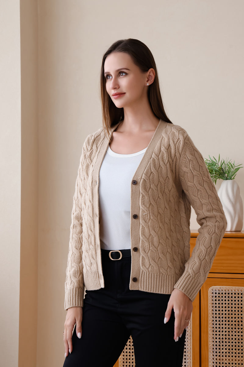 Inis Aran Carla Cable Knit Button Cardigan#color_buff-biscuit 