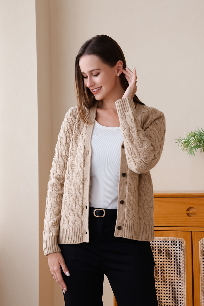 Inis Aran Carla Cable Knit Button Cardigan#color_buff-biscuit 