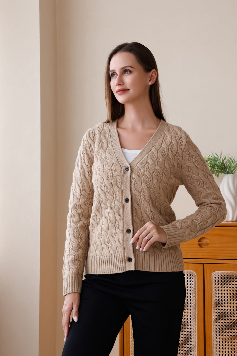 Carla Cable Knit Button Cardigan#colour_buff-biscuit 