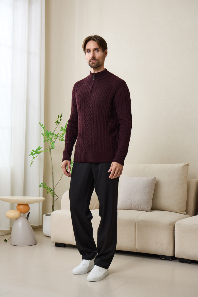 Declan Aran Cable Knit 1/4 Zip Sweater with Cashmere#color_grape-wine