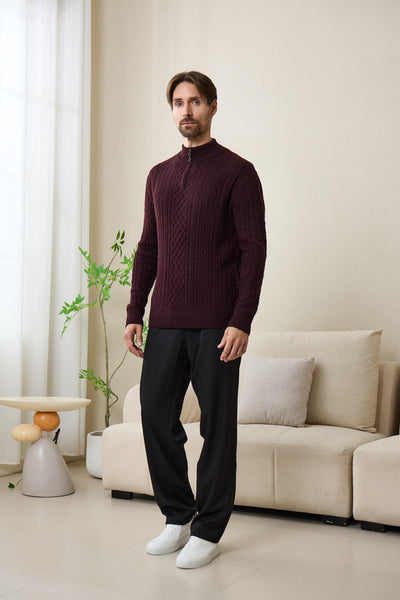 Declan Aran Cable Knit 1/4 Zip Sweater with Cashmere#color_grape-wine