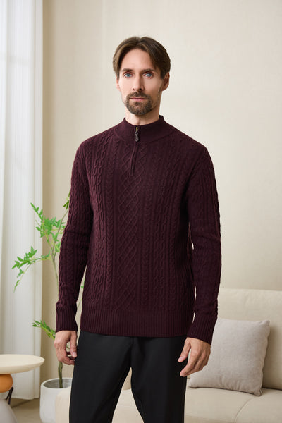 Declan Aran Cable Knit 1/4 Zip Sweater with Cashmere#color_grape-wine