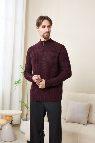 Declan Aran Cable Knit 1/4 Zip Sweater with Cashmere#color_grape-wine