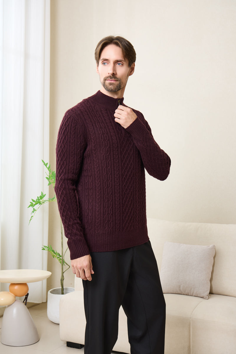 Declan Aran Cable Knit 1/4 Zip Sweater with Cashmere#color_grape-wine