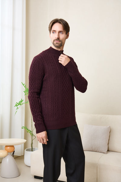 Declan Aran Cable Knit 1/4 Zip Sweater with Cashmere#color_grape-wine