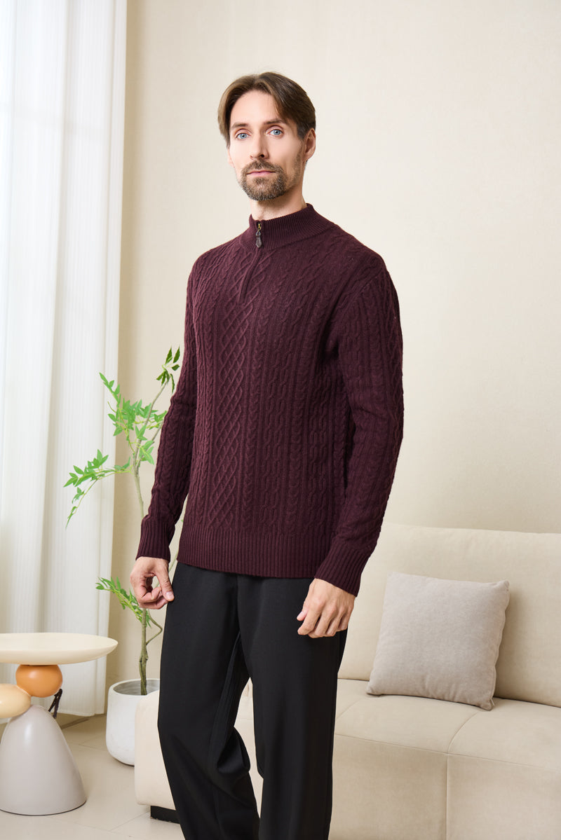 Declan Aran Cable Knit 1/4 Zip Sweater with Cashmere#color_grape-wine