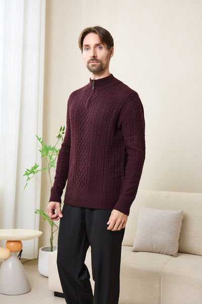Declan Aran Cable Knit 1/4 Zip Sweater with Cashmere#color_grape-wine