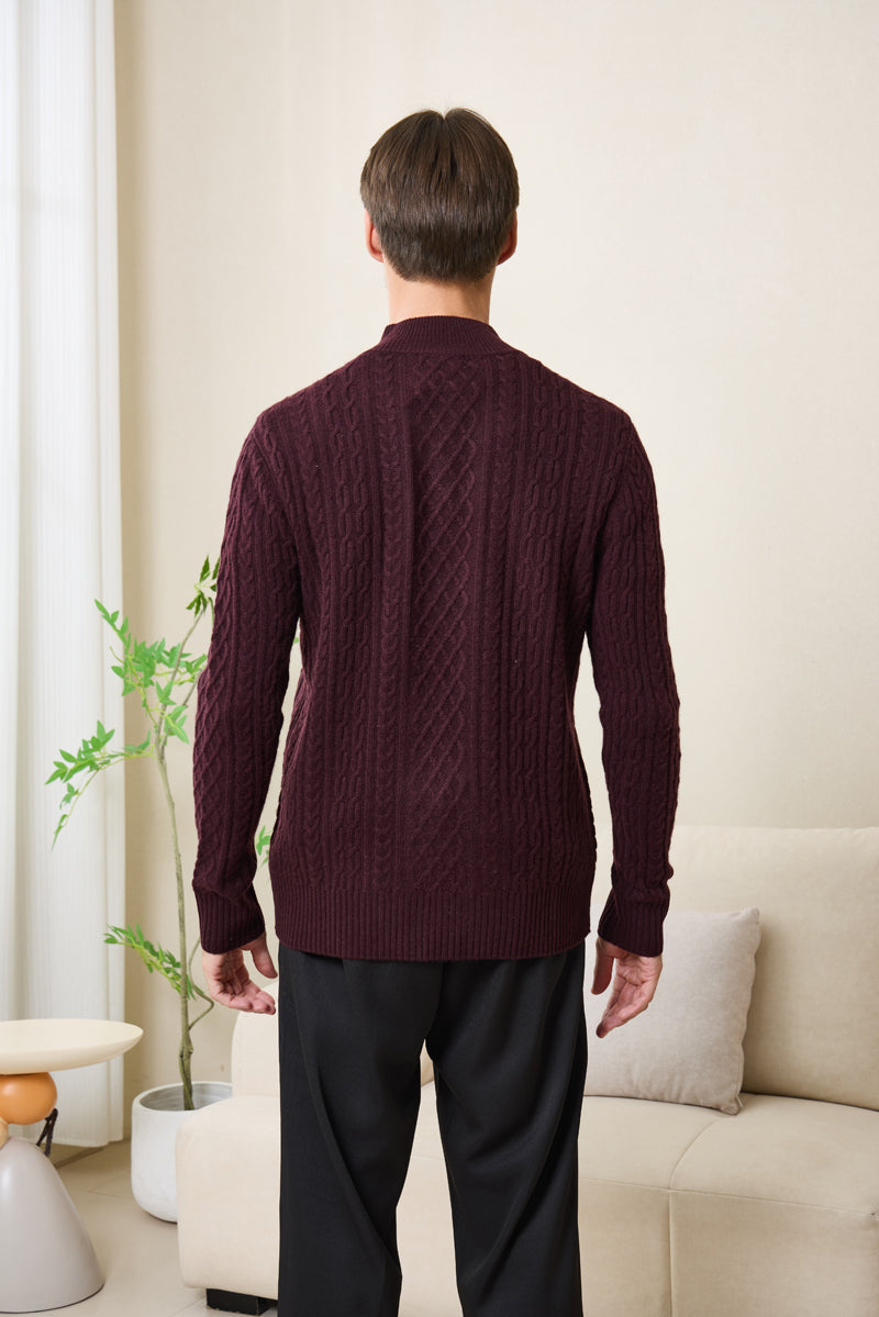 Declan Aran Cable Knit 1/4 Zip Sweater with Cashmere#color_grape-wine