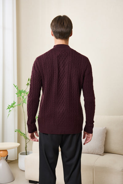 Declan Aran Cable Knit 1/4 Zip Sweater with Cashmere#color_grape-wine