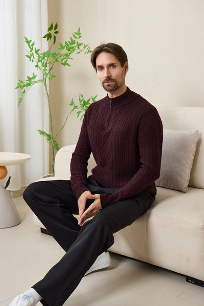 Declan Aran Cable Knit 1/4 Zip Sweater with Cashmere#color_grape-wine