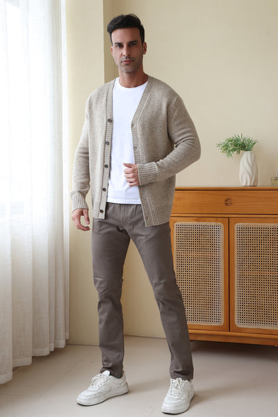 Man wearing a luxury Donegal Merino Button Cardigan by Inis Aran#color_ryewater