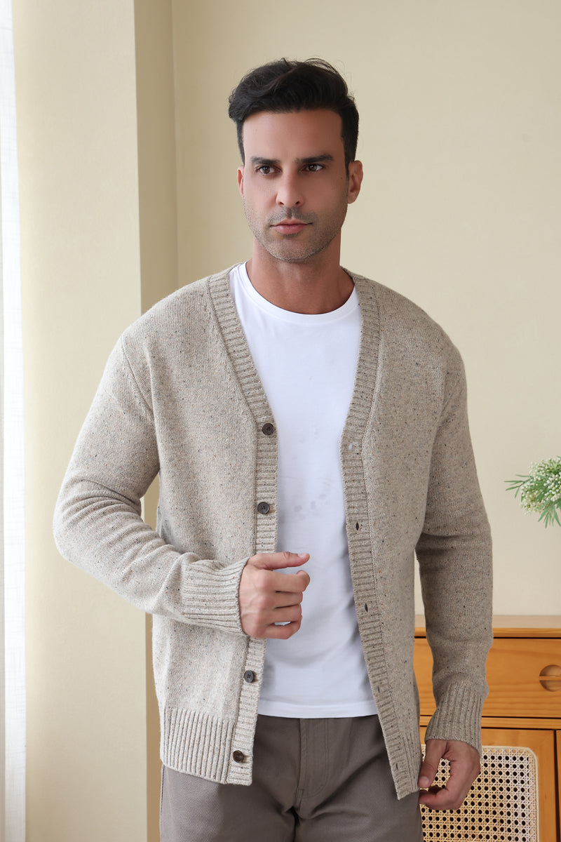 Man wearing a luxury Donegal Merino Button Cardigan by Inis Aran#color_ryewater