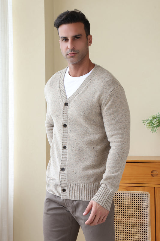 Man wearing a luxury Donegal Merino Button Cardigan by Inis Aran#color_ryewater