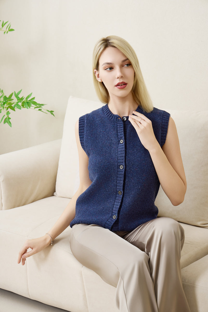 Ladies Sally Button Vest by Inis Aran in Donegal Merino#color_navy-bay