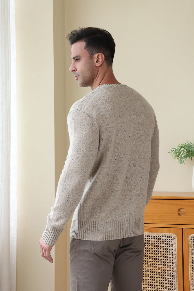Man wearing a luxury Donegal Merino Button Cardigan by Inis Aran#color_ryewater