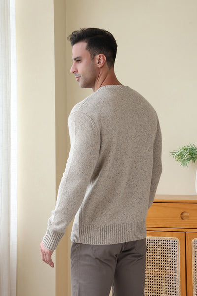 Man wearing a luxury Donegal Merino Button Cardigan by Inis Aran#color_ryewater