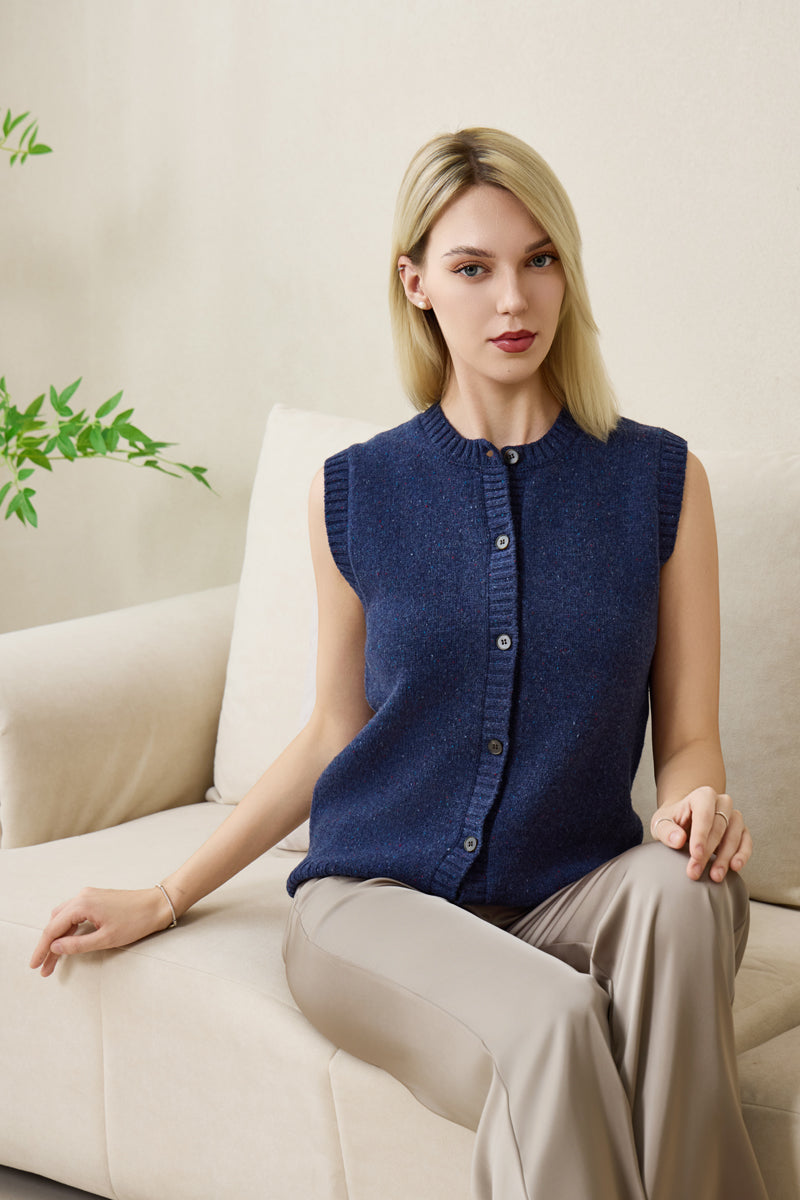 Ladies Sally Button Vest by Inis Aran in Donegal Merino#color_navy-bay