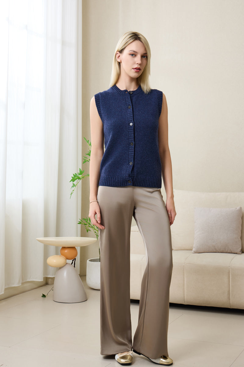 Ladies Sally Button Vest by Inis Aran in Donegal Merino#color_navy-bay