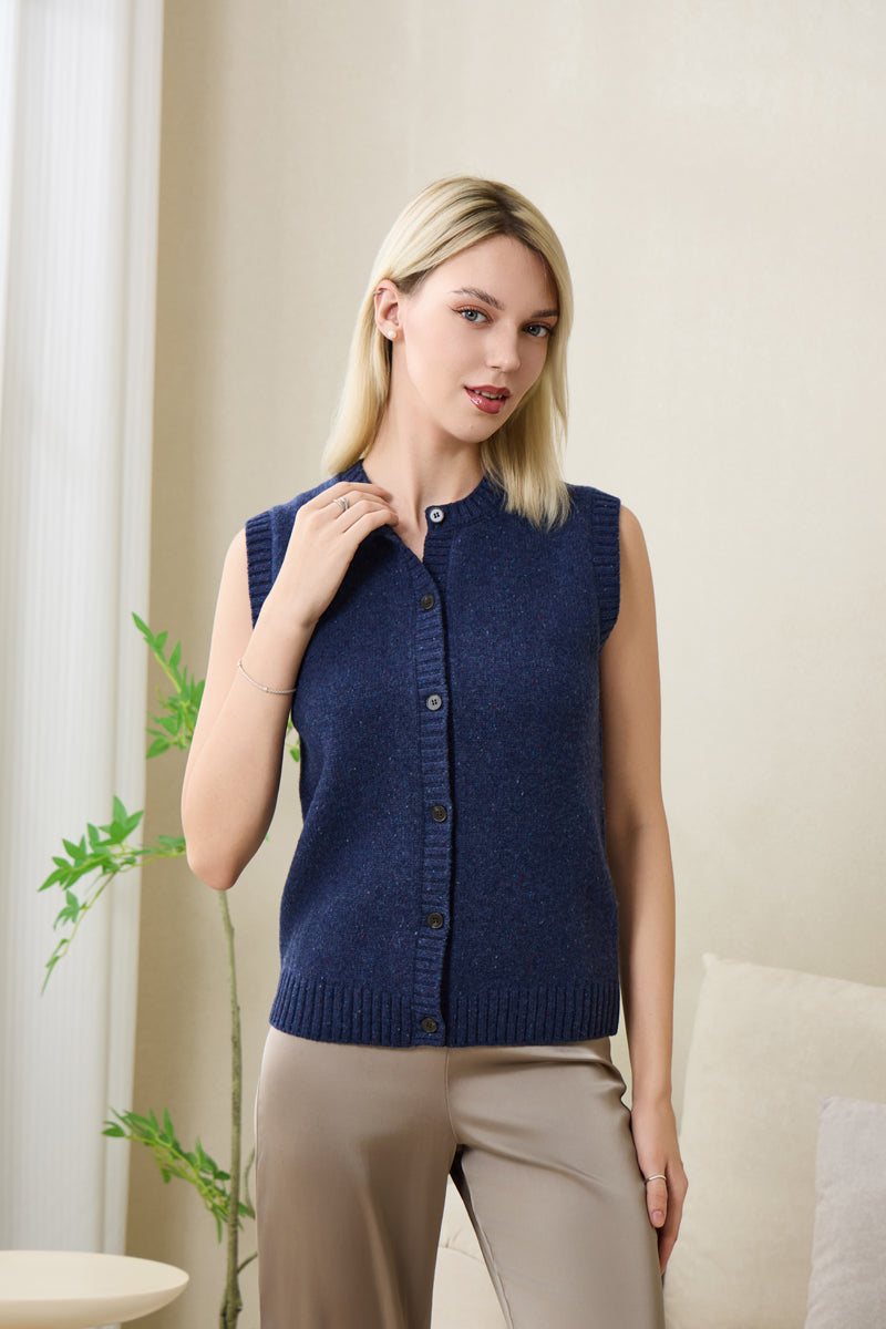 Ladies Sally Button Vest by Inis Aran in Donegal Merino#color_navy-bay