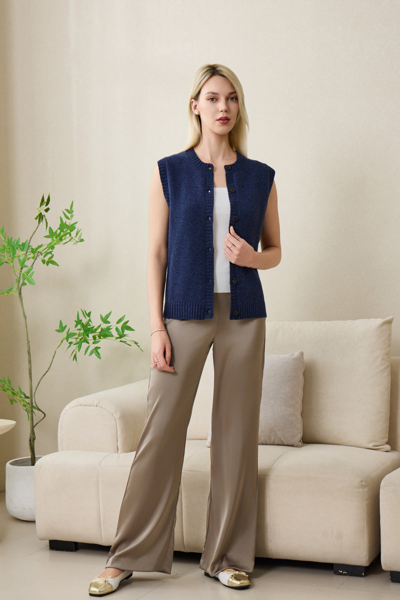 Ladies Sally Button Vest by Inis Aran in Donegal Merino#color_navy-bay
