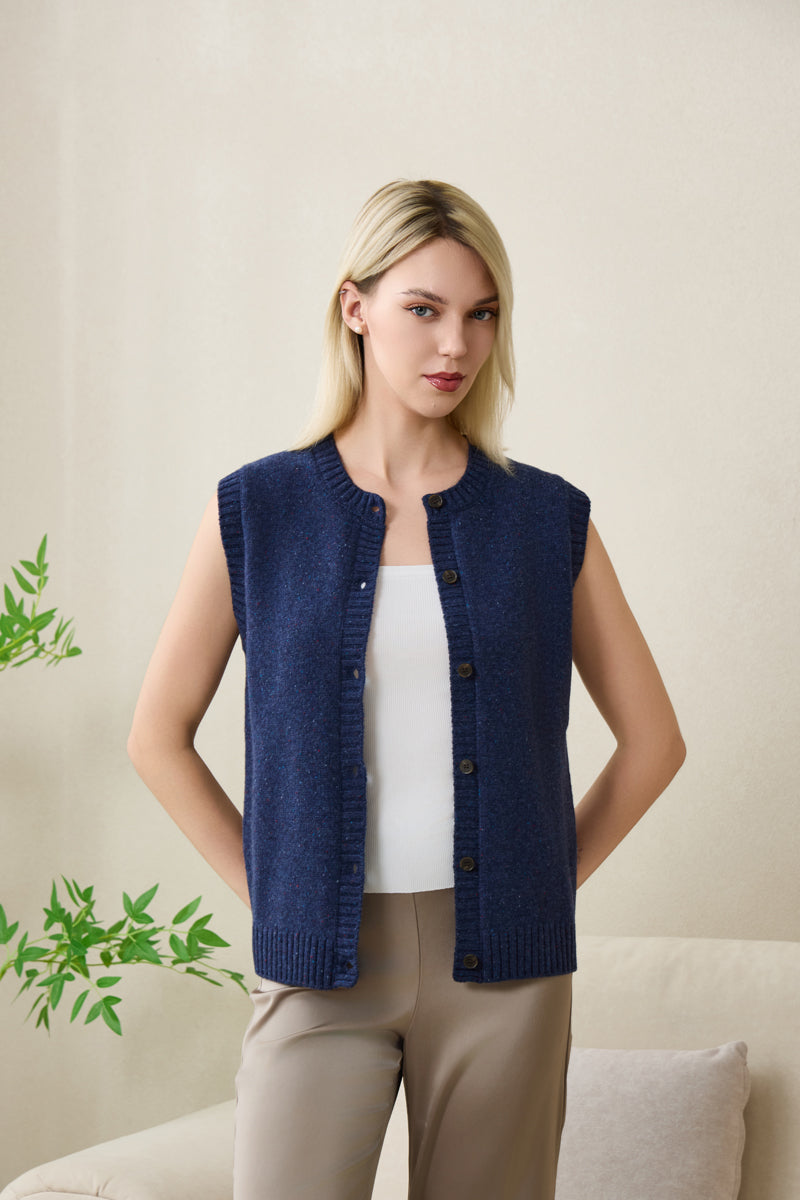 Ladies Sally Button Vest by Inis Aran in Donegal Merino#color_navy-bay
