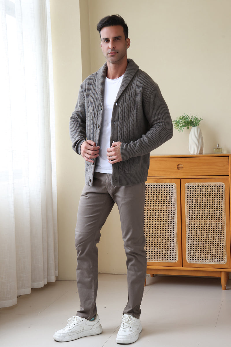 Man wearing the Aran cable shawl neck button cardigan by Inis Aran Ireland#color_grey-oxide