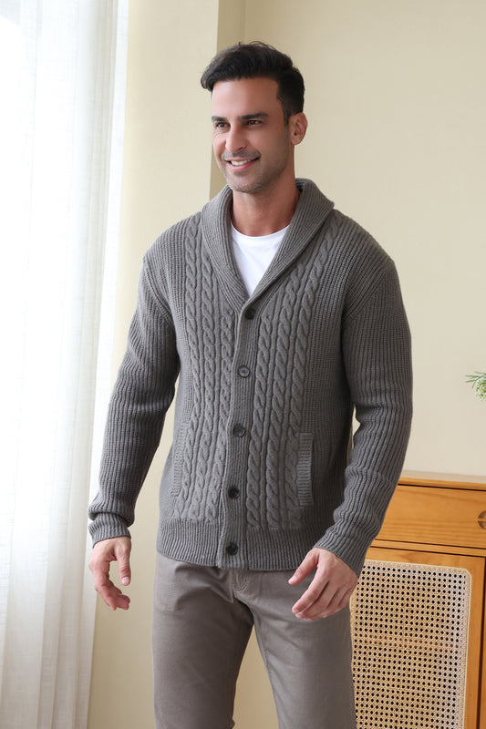 Man wearing the Aran cable shawl neck button cardigan by Inis Aran Ireland#color_grey-oxide