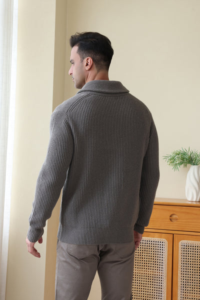 Man wearing the Aran cable shawl neck button cardigan by Inis Aran Ireland#color_grey-oxide