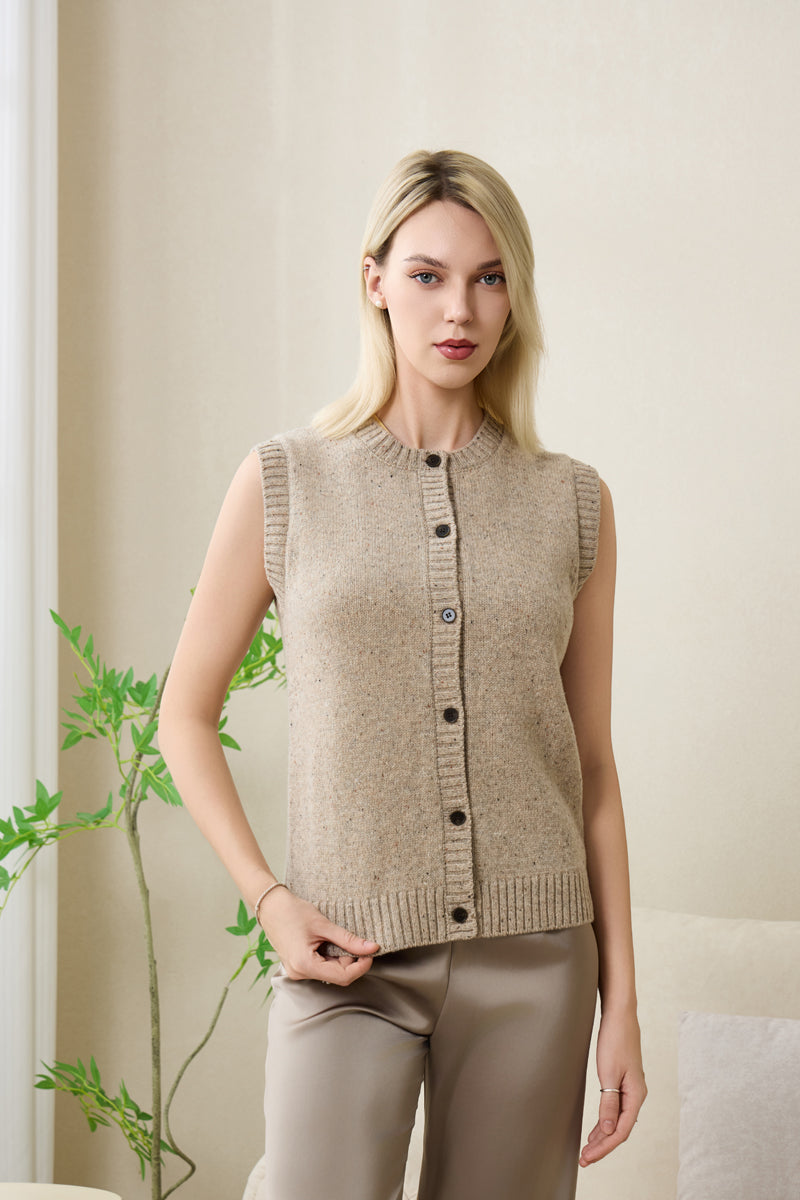 Ladies Sally Button Vest by Inis Aran in Donegal Merino#color_ryewater