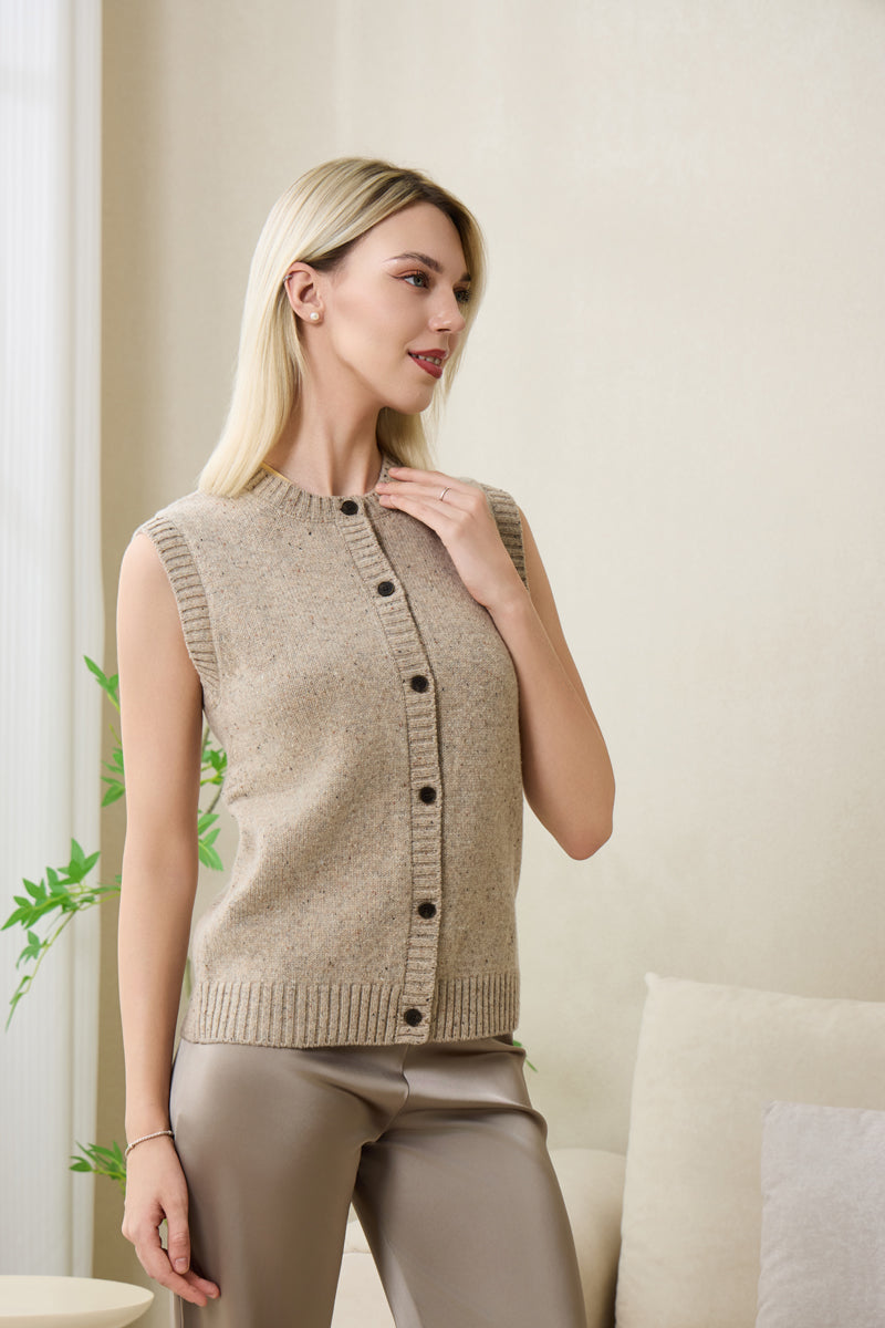 Ladies Sally Button Vest by Inis Aran in Donegal Merino#color_ryewater