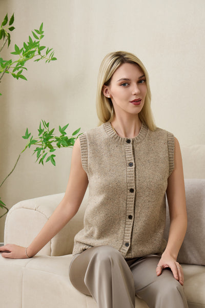 Ladies Sally Button Vest by Inis Aran in Donegal Merino#color_ryewater
