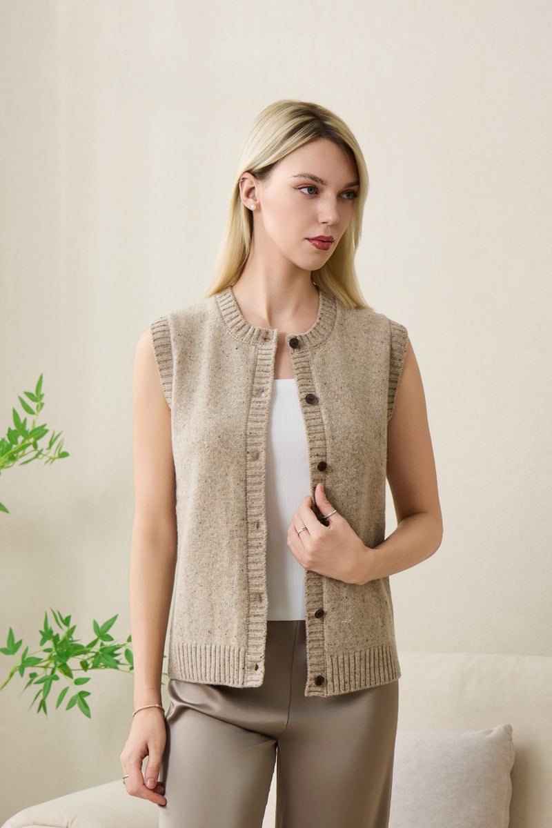 Ladies Sally Button Vest by Inis Aran in Donegal Merino#color_ryewater