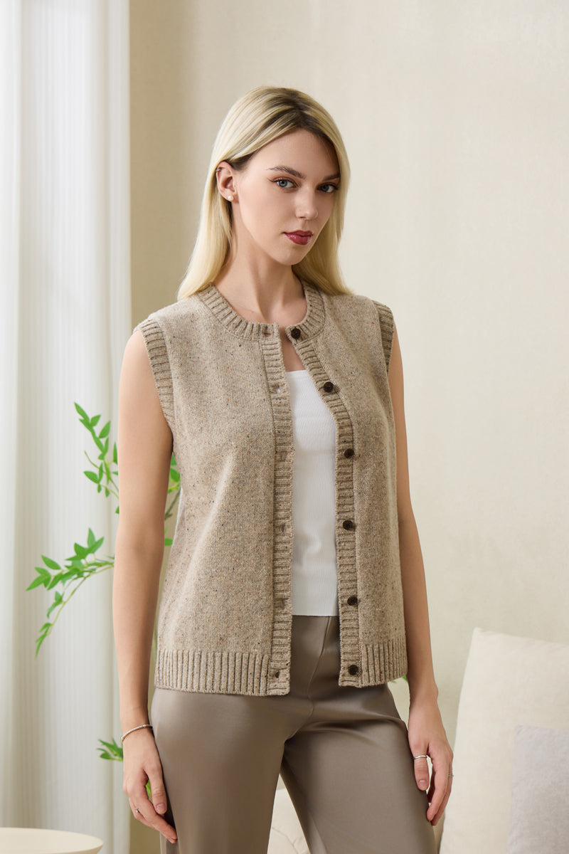 Ladies Sally Button Vest by Inis Aran in Donegal Merino#color_ryewater