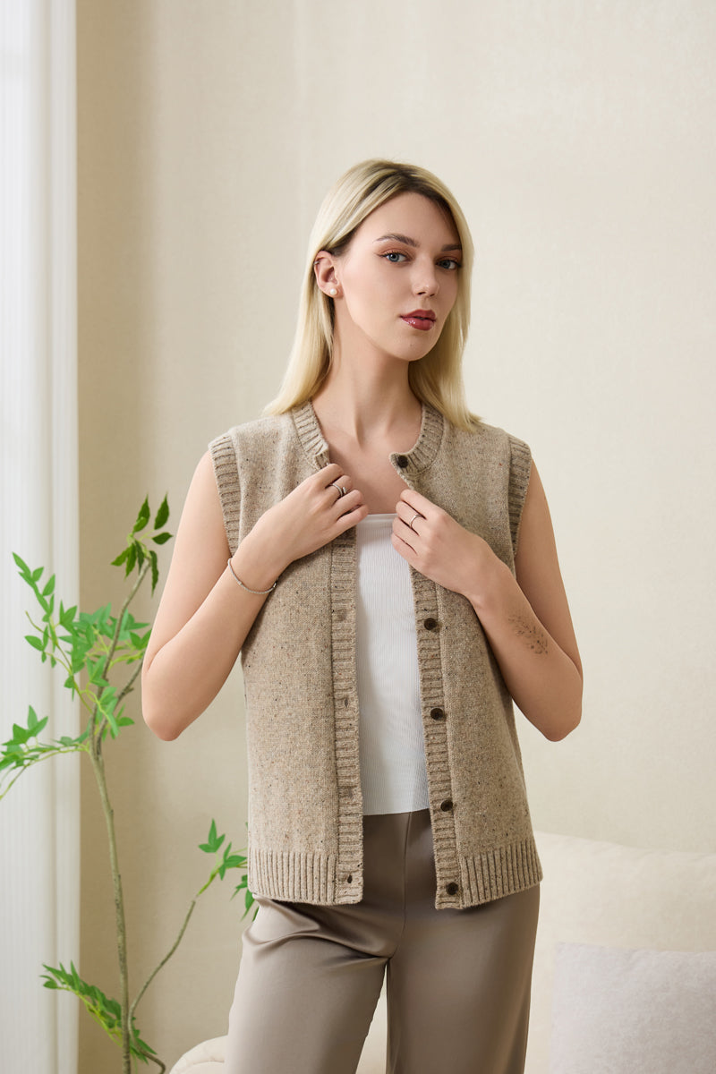 Ladies Sally Button Vest by Inis Aran in Donegal Merino#color_ryewater