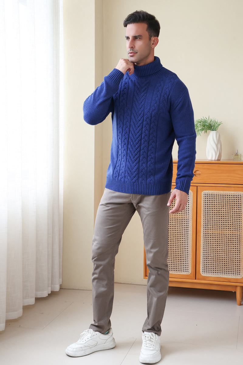 Man wearing a luxurious blue Aran cable knit sweater by Inis Aran Ireland#color_marine