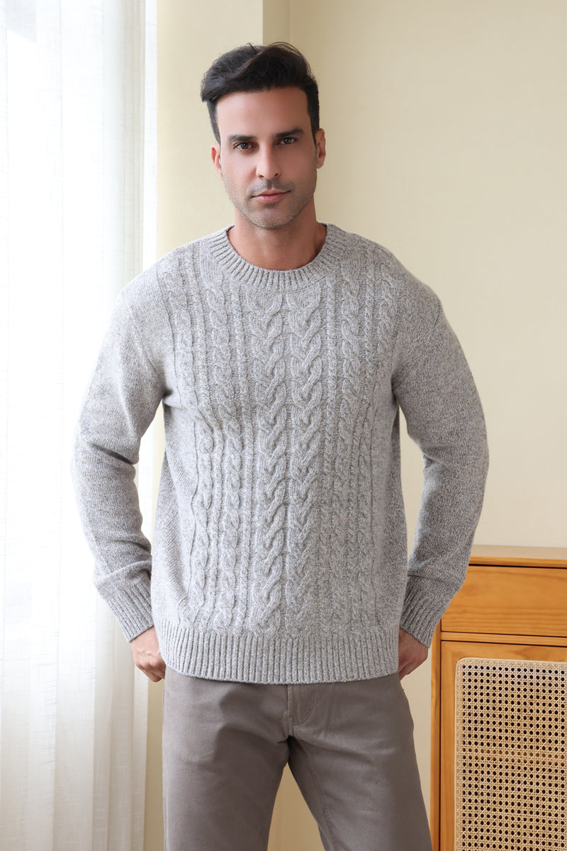 Man wearing a luxurious merino cable knit aran sweater in a twill weave#color_stone