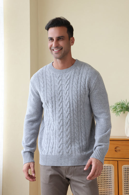 Man wearing the Inis Aran Jacob Aran Cable Merino Wool Sweater#color_ashen