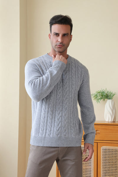 Man wearing the Inis Aran Jacob Aran Cable Merino Wool Sweater#color_ashen