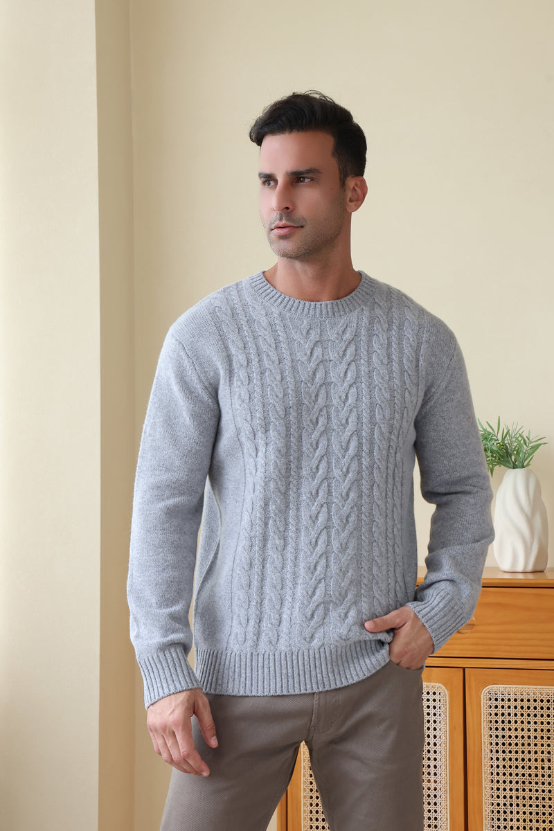 Man wearing the Inis Aran Jacob Aran Cable Merino Wool Sweater#color_ashen