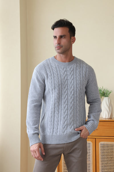 Man wearing the Inis Aran Jacob Aran Cable Merino Wool Sweater#color_ashen