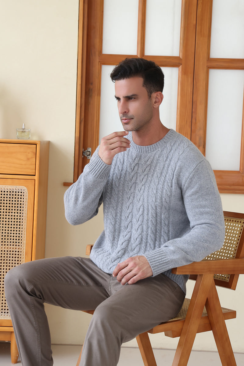 Man wearing the Inis Aran Jacob Aran Cable Merino Wool Sweater#color_ashen