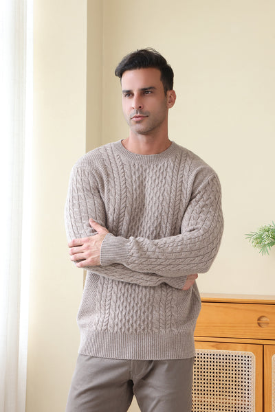 Man wearing a luxurious Aran Cashmere Sweater by Inis Aran Ireland#color_light-smoke